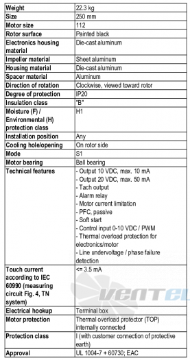 Ebmpapst G3G250-MW50-01 - описание, технические характеристики, графики